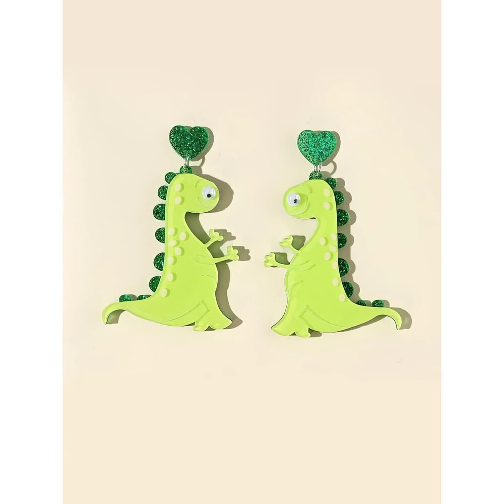 Bright Green Dinosaur Earrings with Googly Eyes - Picture 4 of 8